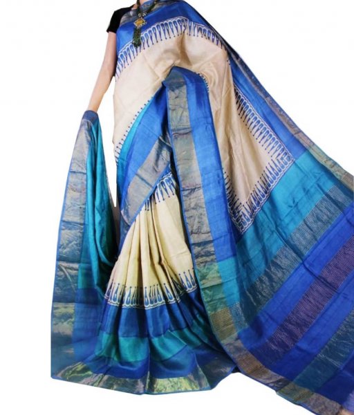 Cream &amp; Blue Block Printed Zari Tussar Silk Saree